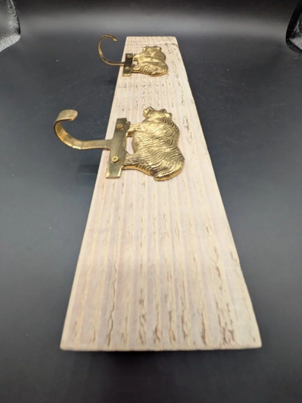 Hand Crafted Hat Key Coat Rack 2 Brass Bear Distressed Hooks Wall Mount `15.5